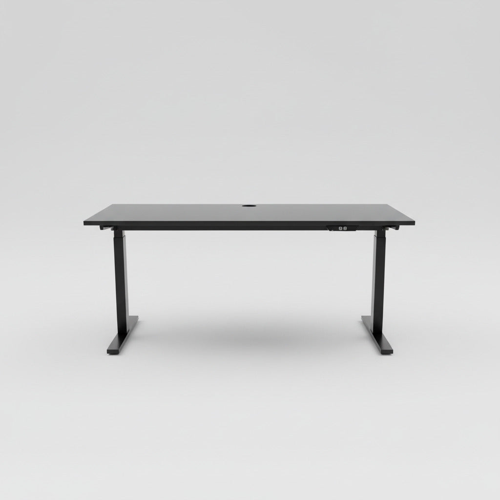 LINAK hæve-sænkebord 160x60 cm med sort laminat bordplade og sort stel set forfra