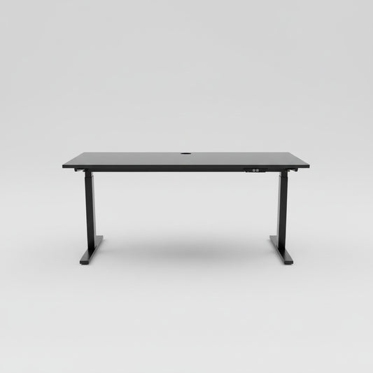 LINAK hæve-sænkebord 160x60 cm med sort laminat bordplade og sort stel set forfra