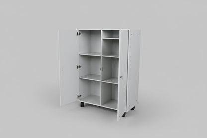 Montana reol i lys grå set forfra med åbne rum og brugsspor