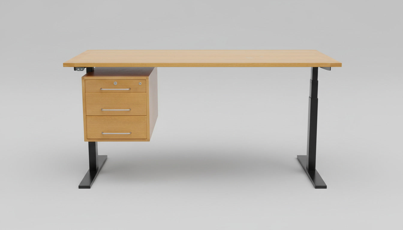 Frontvisning af Munch Denmark M40 Hæve-sænkebord i bøg – klassisk dansk design med skuffeopbevaring