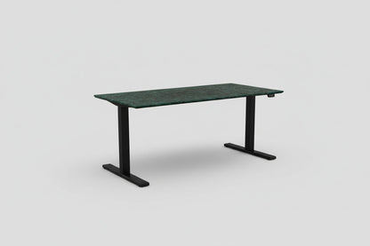 Paustian hæve-sænkebord 160x80 cm med blå/grøn bordplade og sort stel – set forfra
