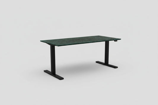 Paustian hæve-sænkebord 160x80 cm med blå/grøn bordplade og sort stel – set forfra