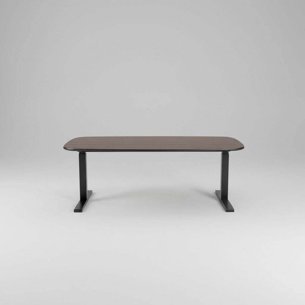 Paustian mødebord 180x90 cm i valnød med sort kant og sort stel – set forfra