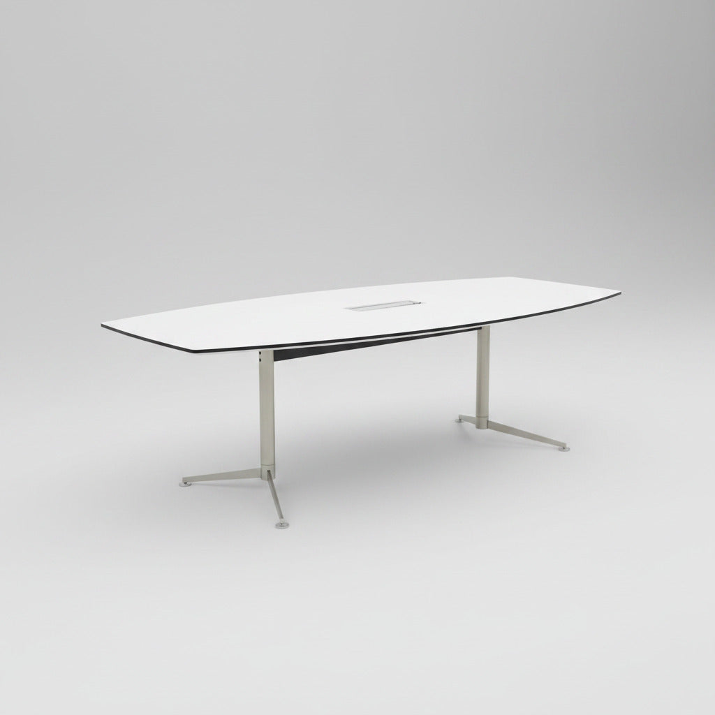 Paustian Spinal mødebord 240x110 cm med hvid laminatplade og stel i børstet stål set skråt