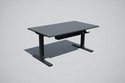 Bagfra af ScanOffice hæve-sænkebord 140x80 cm med antracitgråt stel og sort kabelbakke til organiseret kabelstyring.