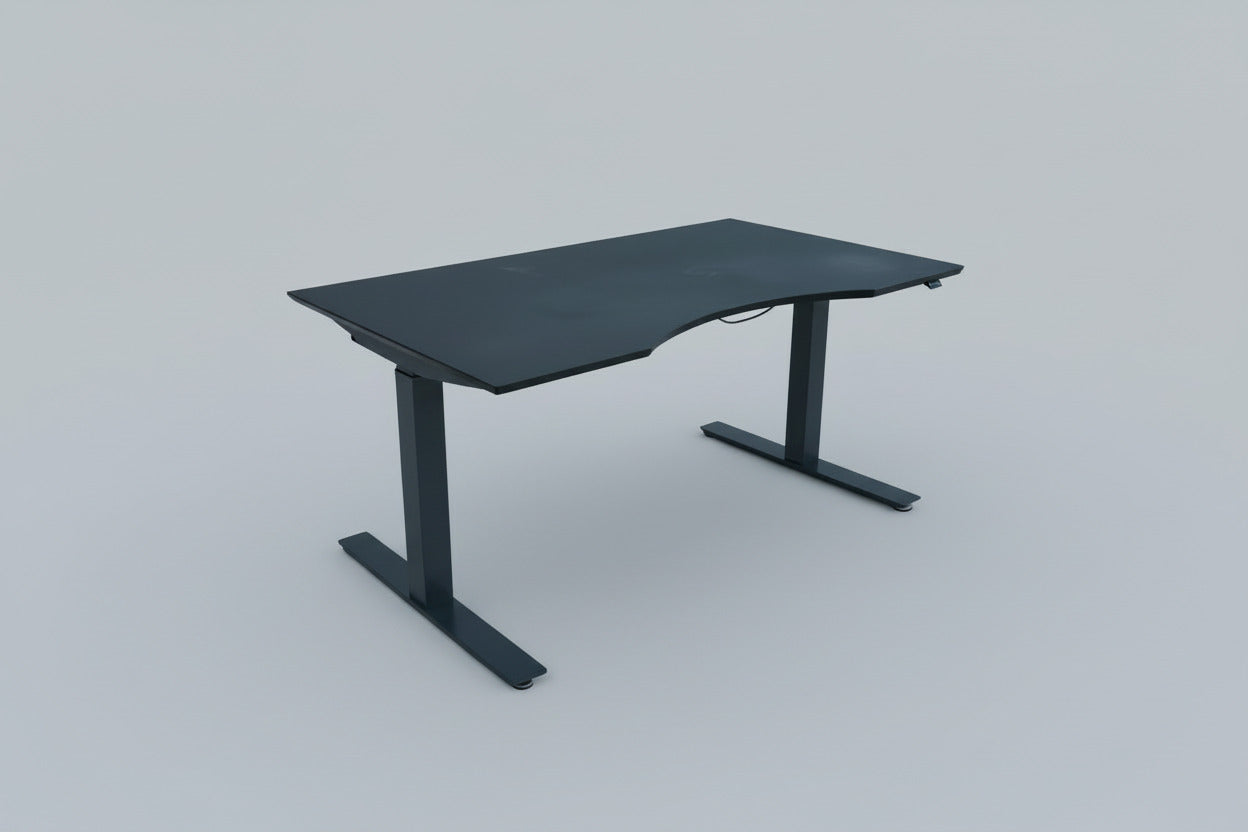 ScanOffice hæve-sænkebord 140x90 i sort linoleum med mavebue set skråt