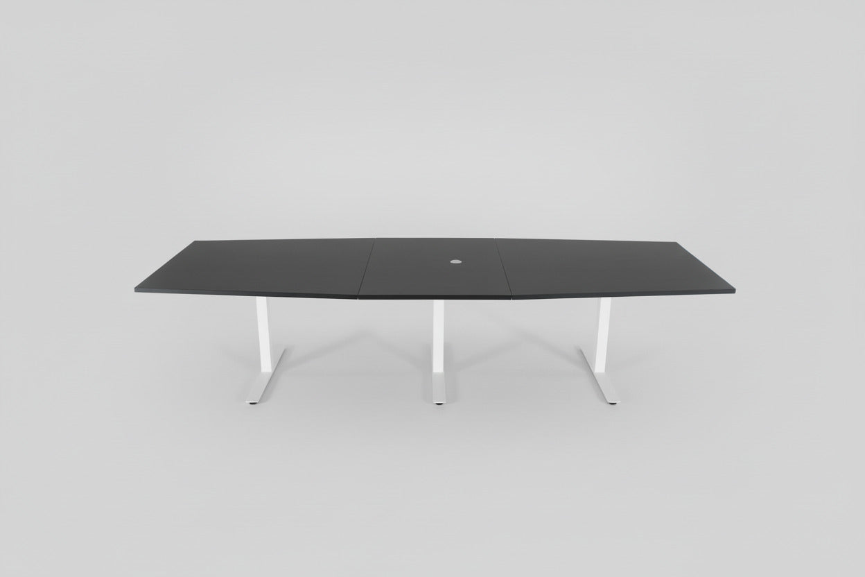 Elegant sort tøndeformet konferencebord med laminatbordplade og hvidt stel – frontvisning