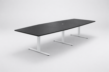 Sort tøndeformet konferencebord i laminat med tre hvide stel – skrå visning, 320x120 cm