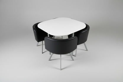 Spisebordsæt med hvidt bord 100x100 cm og 4 sorte stole set fra skrå vinkel