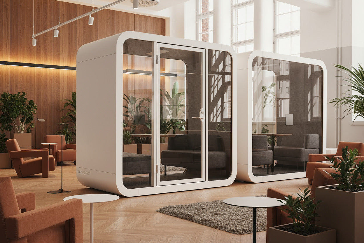 Stillbox kontorpod til 4 personer i sort set forfra – lydisoleret mødepod med dobbelt glas, LED-belysning og ventilation til moderne kontorer.