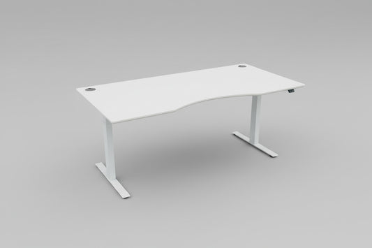 Swedstyle hæve-sænkebord 180x90 cm i hvid laminat med mavebue og hvidt stel – set forfra