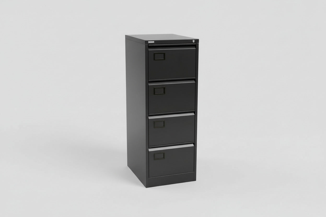 Triumph arkivskab i antracitgrå med 4 skuffer, centrallås og labelholdere set forfra